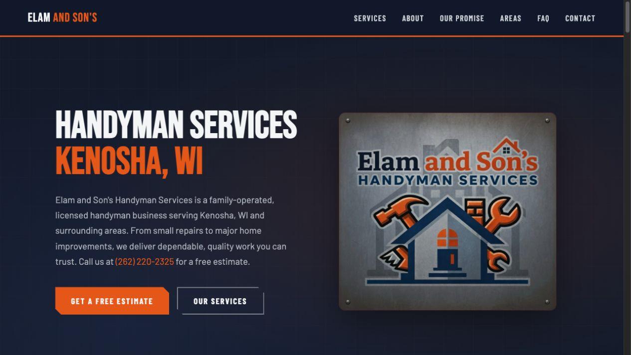 Elam and Son’s website homepage showing handyman services in Kenosha and an estimate call to action
